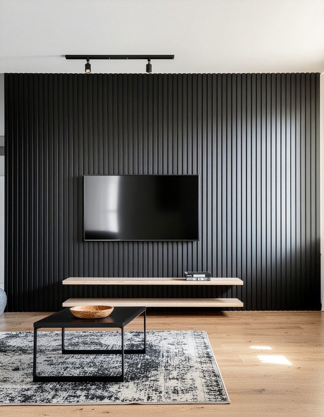 Black Slat Wall - 30 all black living room ideas