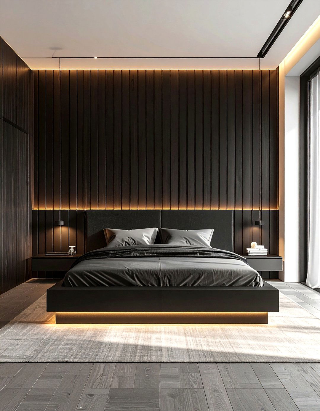 Black Slatted Wall - 30 minimalist black bedroom ideas