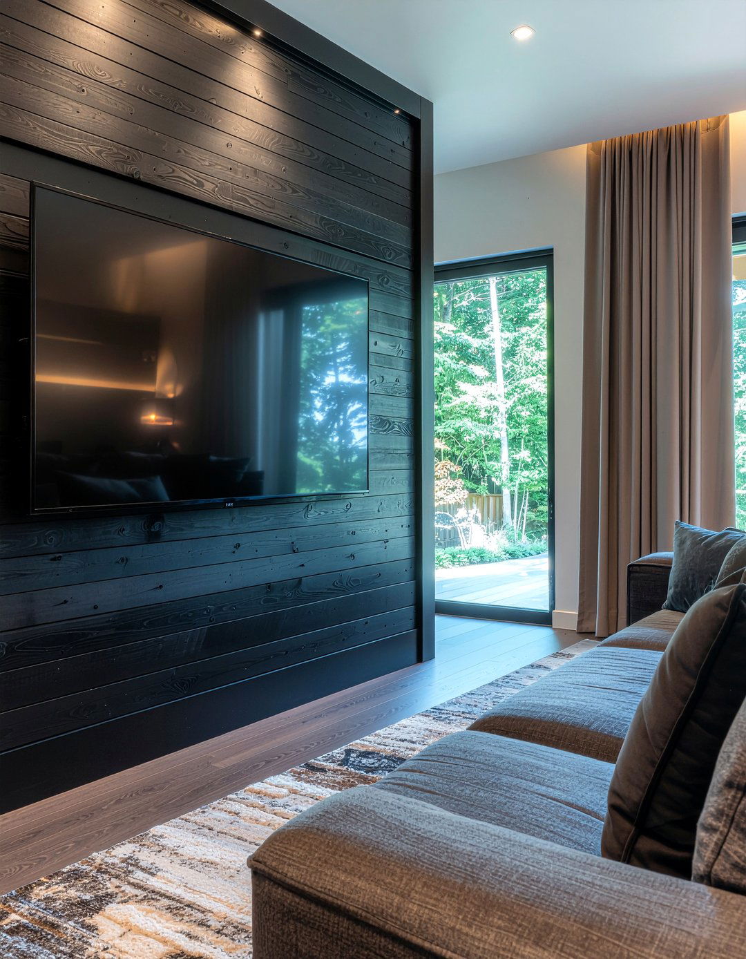 Black Slatted Wood Wall - 30 living room entertainment wall ideas