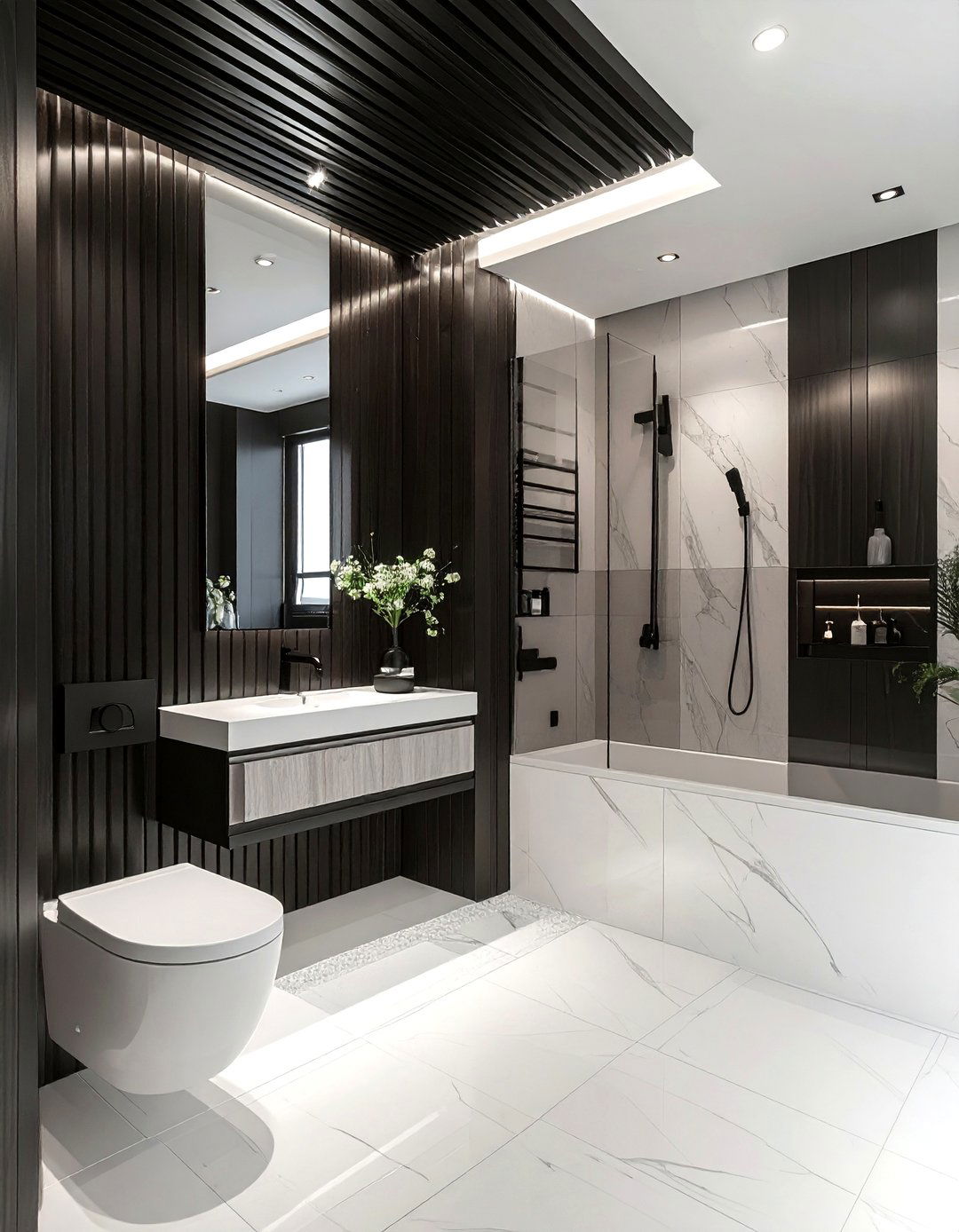 Black Slatted Wood White Bathroom - 30 white and black bathroom ideas
