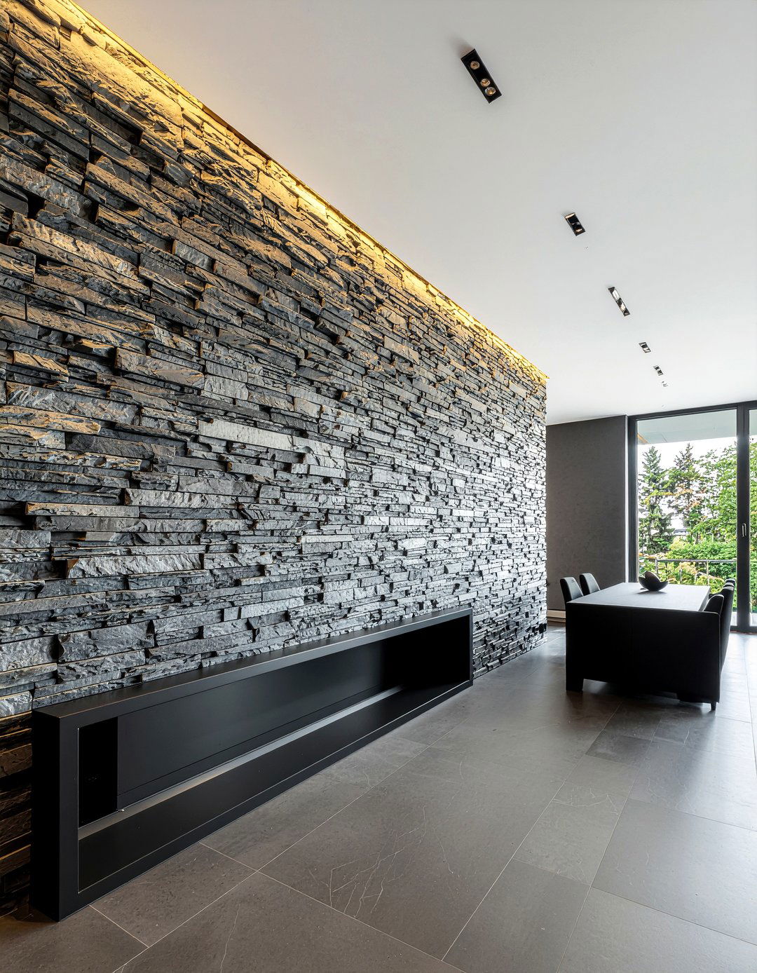 Black Stone Cladding - 30 all black living room ideas