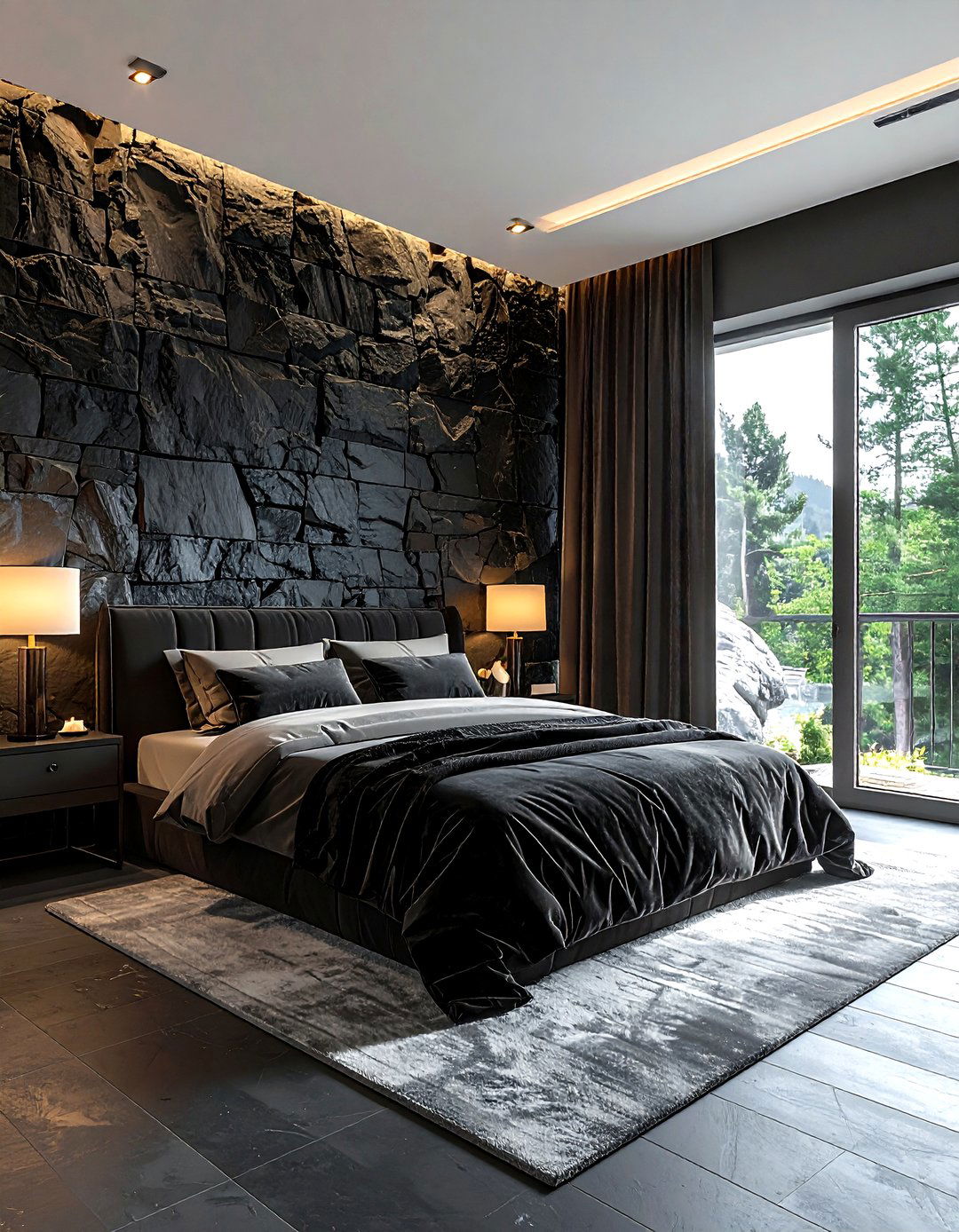 Black Stone Wall Bedroom - 30 rustic black bedroom ideas
