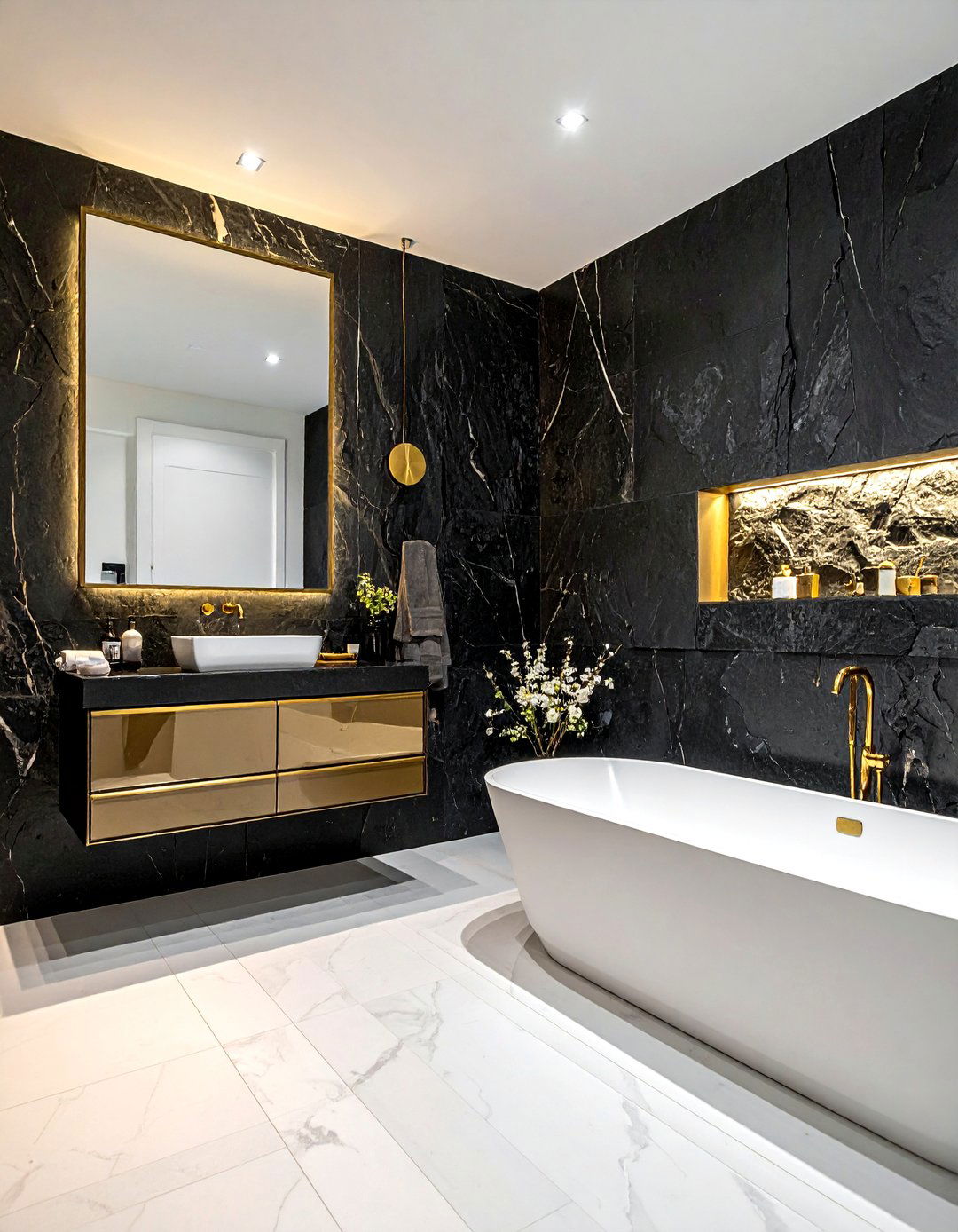 Black Stone Wall Gold Accents - 30 black and gold bathroom ideas