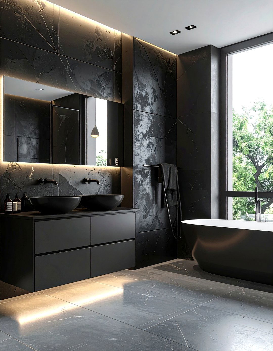 Black Textured Wall - 30 black bathroom design ideas
