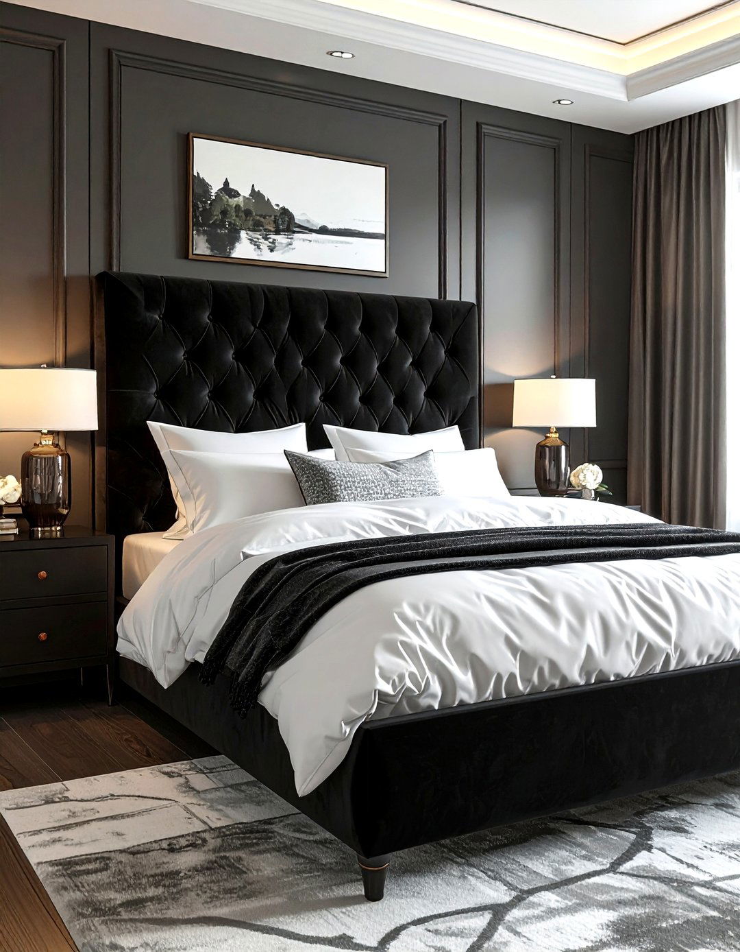 Black Velvet Headboard - 30 modern black bedroom ideas