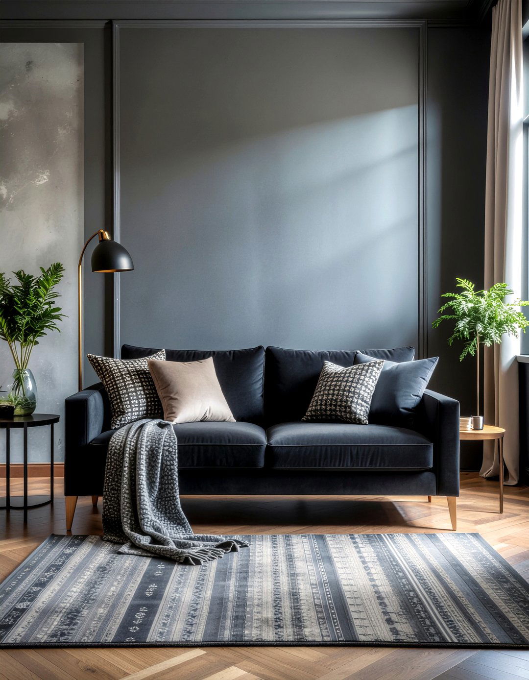 Black Velvet Sofa - 30 all black living room ideas