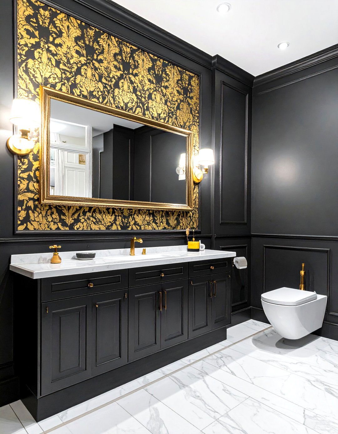 Black Wainscoting Gold Accents - 30 black and gold bathroom ideas