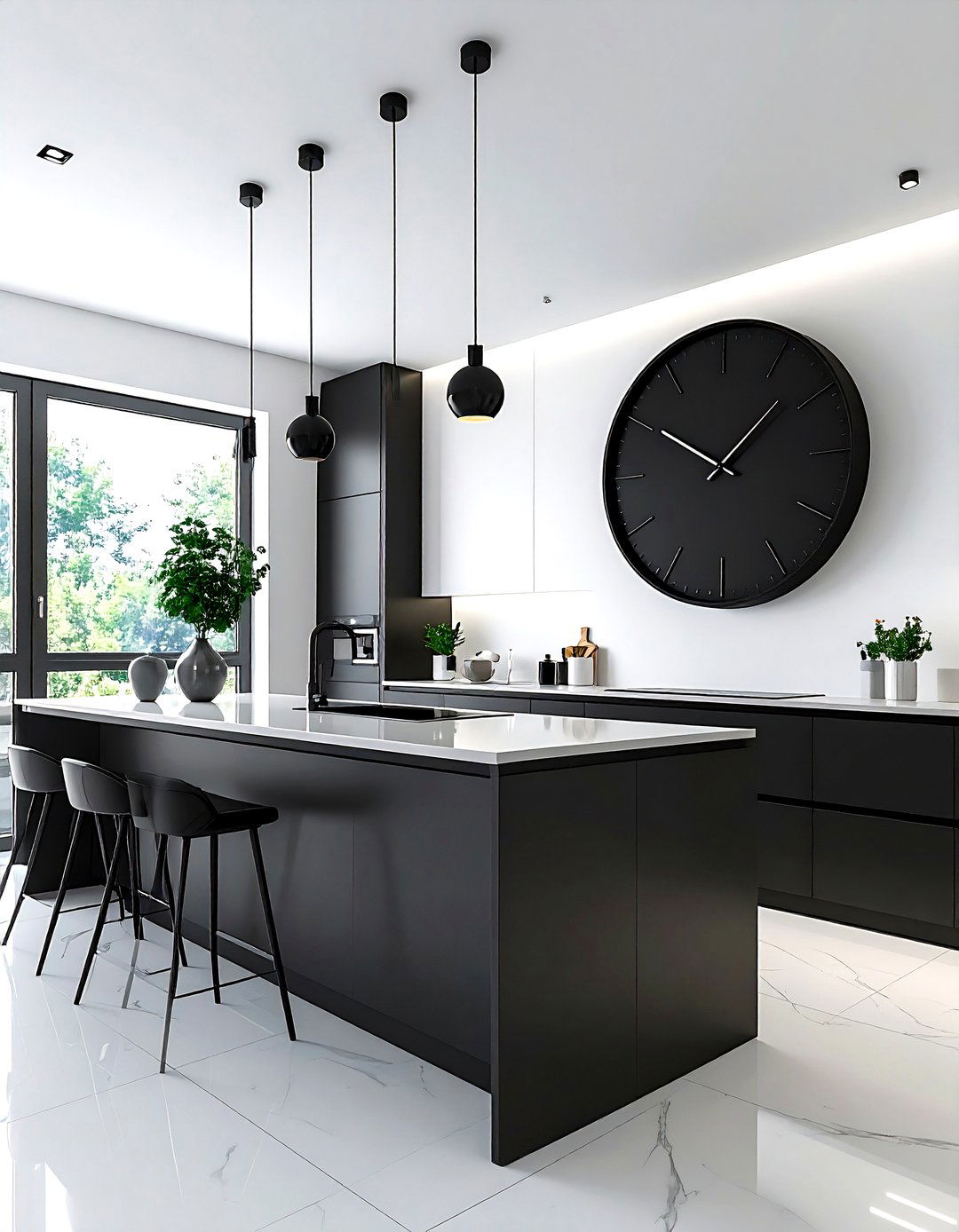 Black Wall Clock - 30 black kitchen accessories ideas