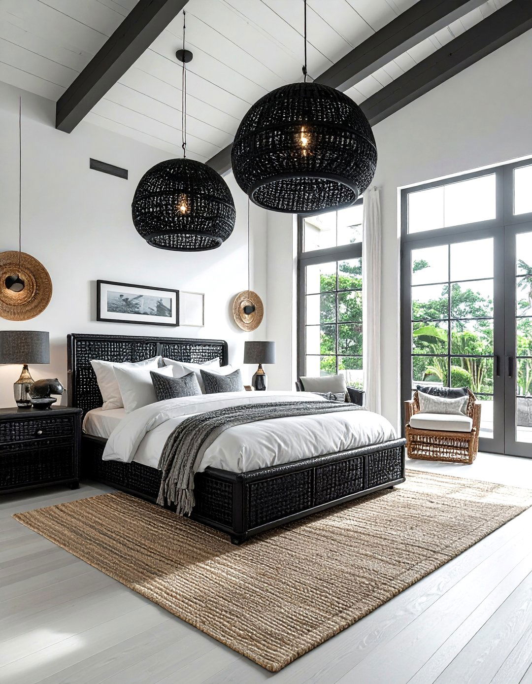 Black Wicker Coastal Loft - 30 coastal black bedroom ideas