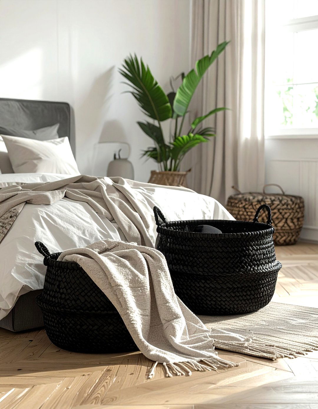 Black Woven Baskets - 30 black bedroom accessories ideas