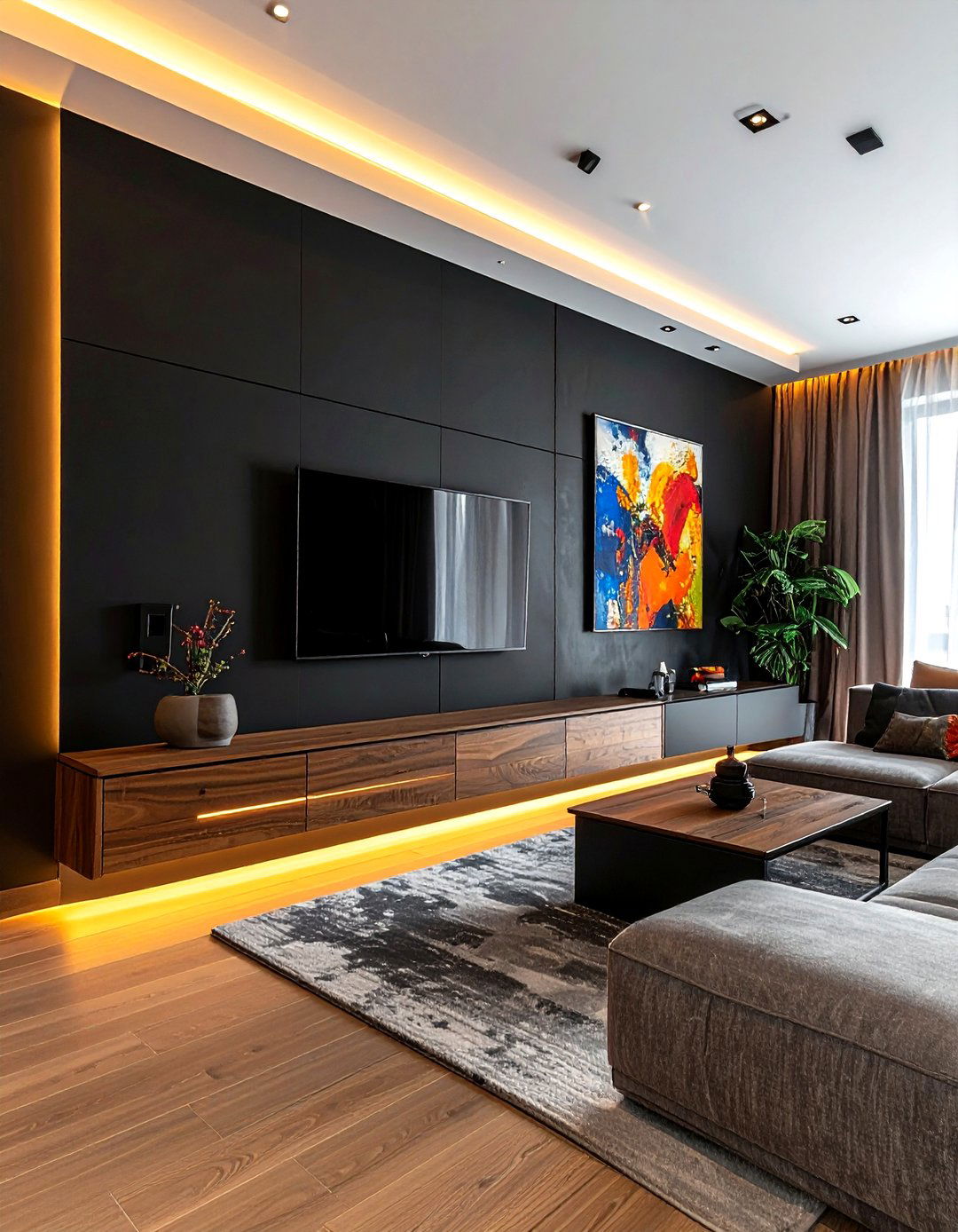 Black accent wall - 30 black living room decor ideas