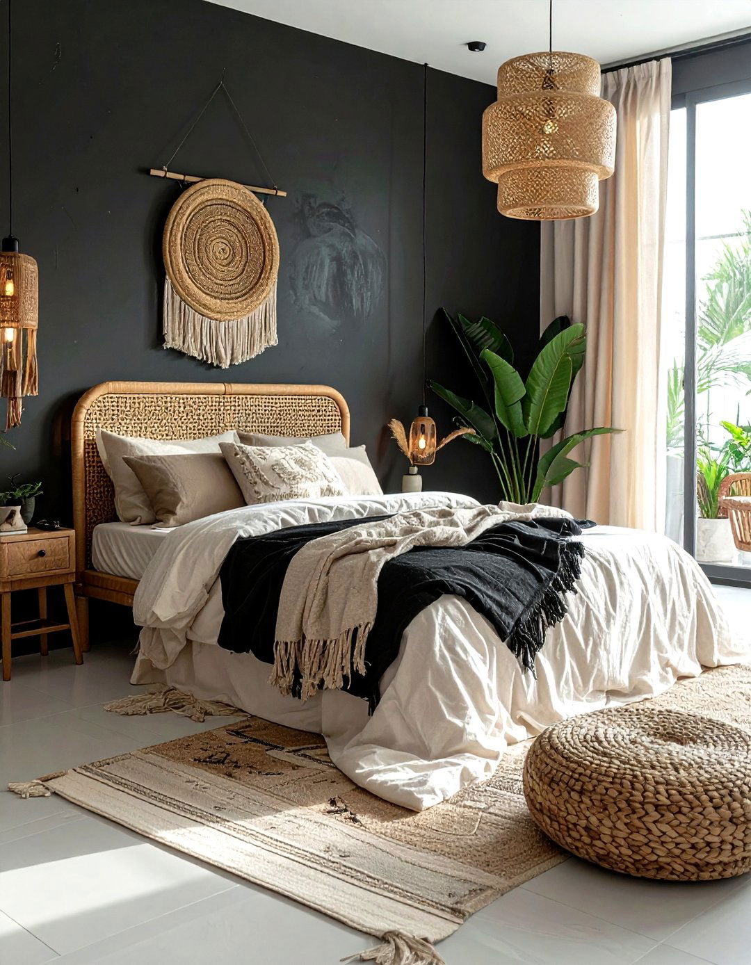 Black accent wall bohemian bedroom - 30 bohemian black bedroom ideas