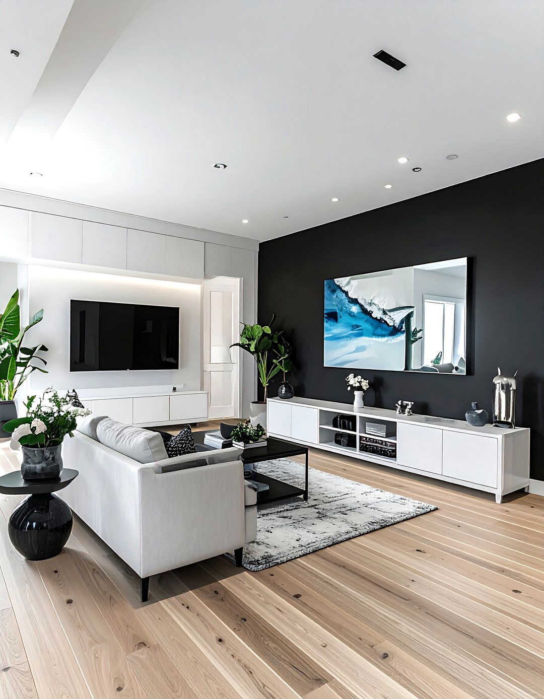 Black accent wall coastal living room - 30 coastal black living room ideas