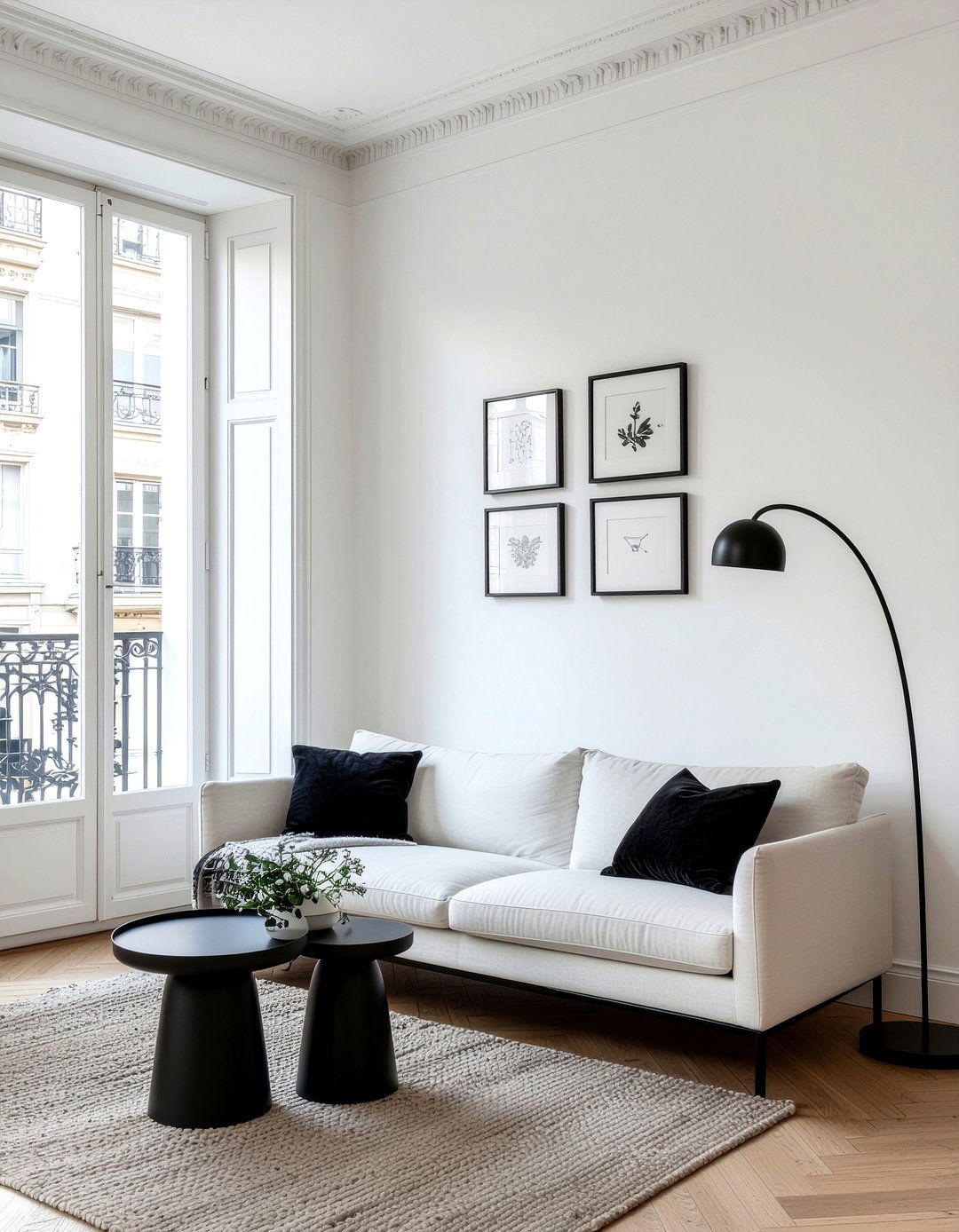 Black accents in white room - 30 Parisian living room ideas