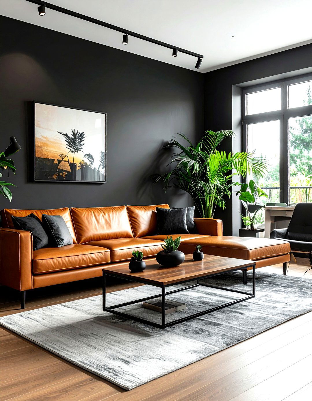 Black and Cognac Leather - 30 dark black living room ideas