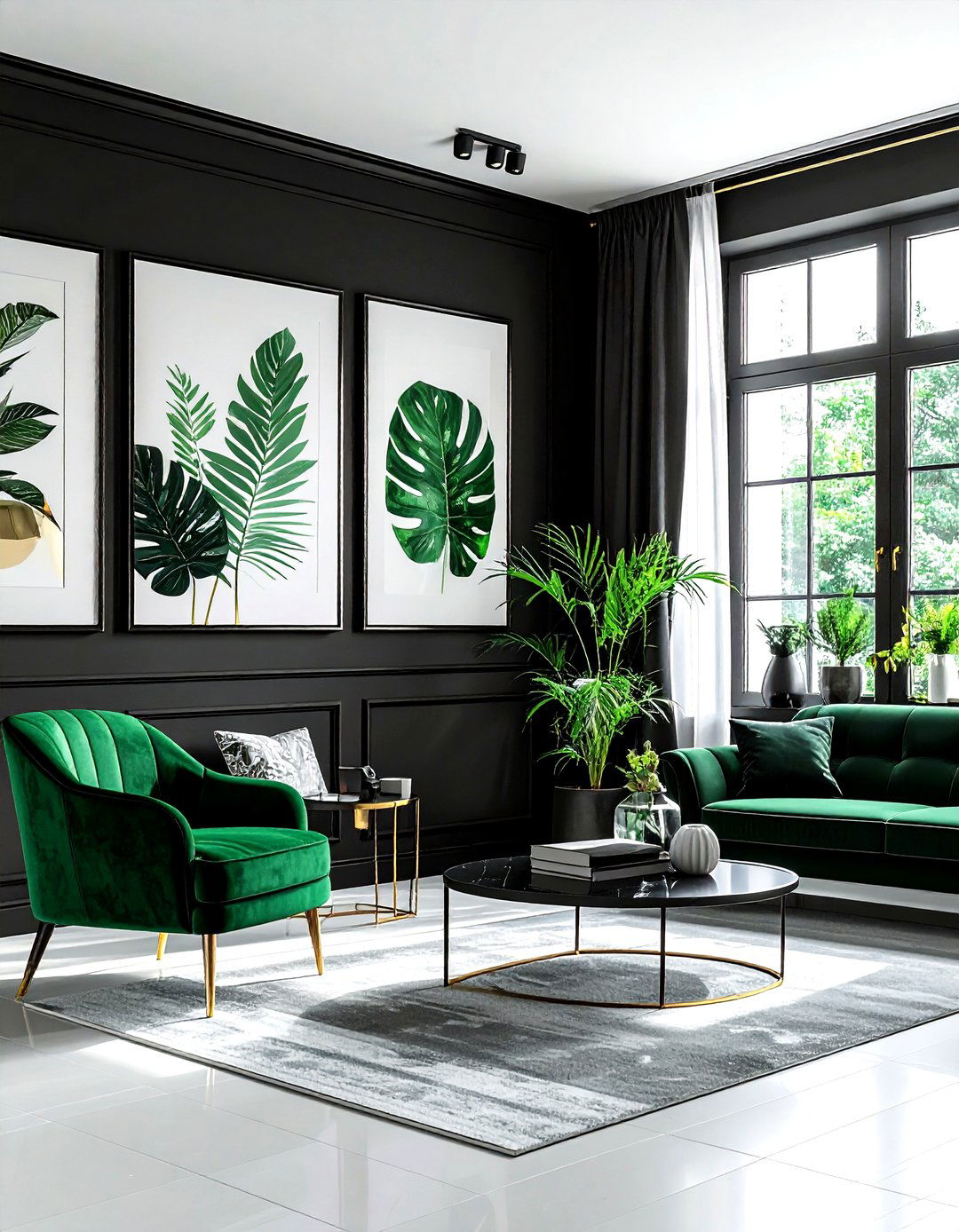 Black and Emerald Green - 30 dark black living room ideas