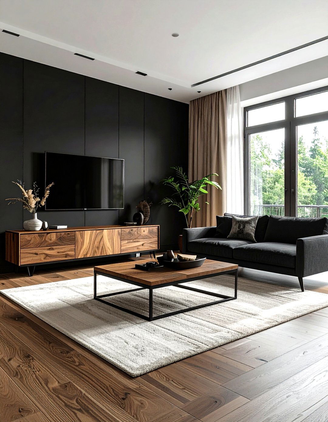 Black and Walnut Wood - 30 dark black living room ideas