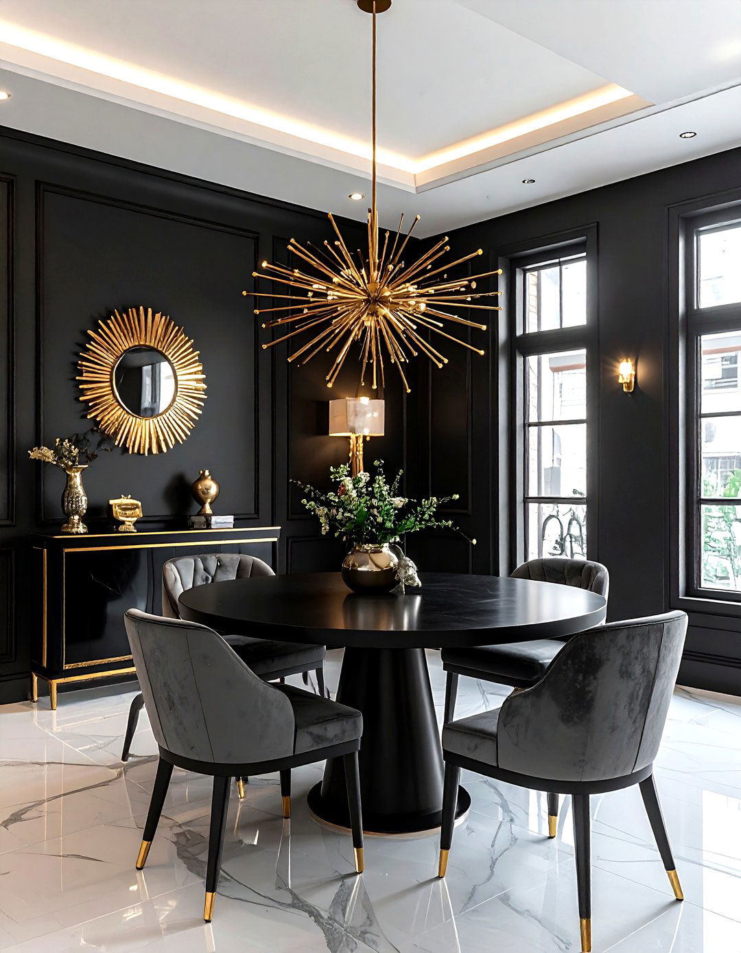 Black and gold dining room - 30 dark black dining room ideas