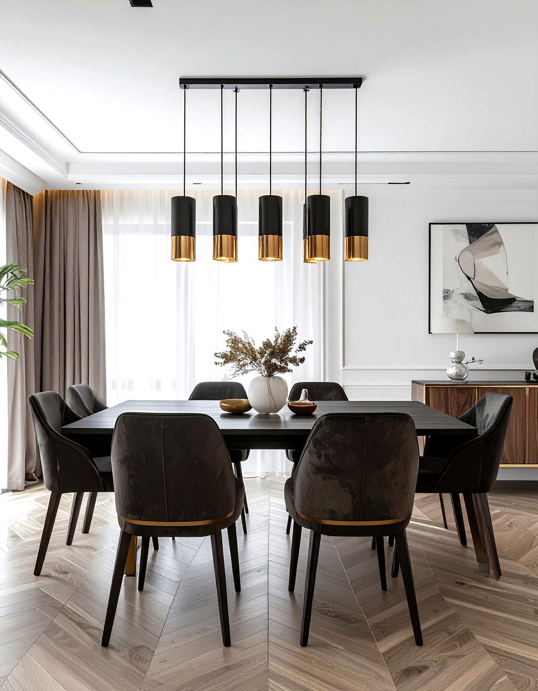 Black and gold linear fixture - 30 linear chandelier dining room ideas