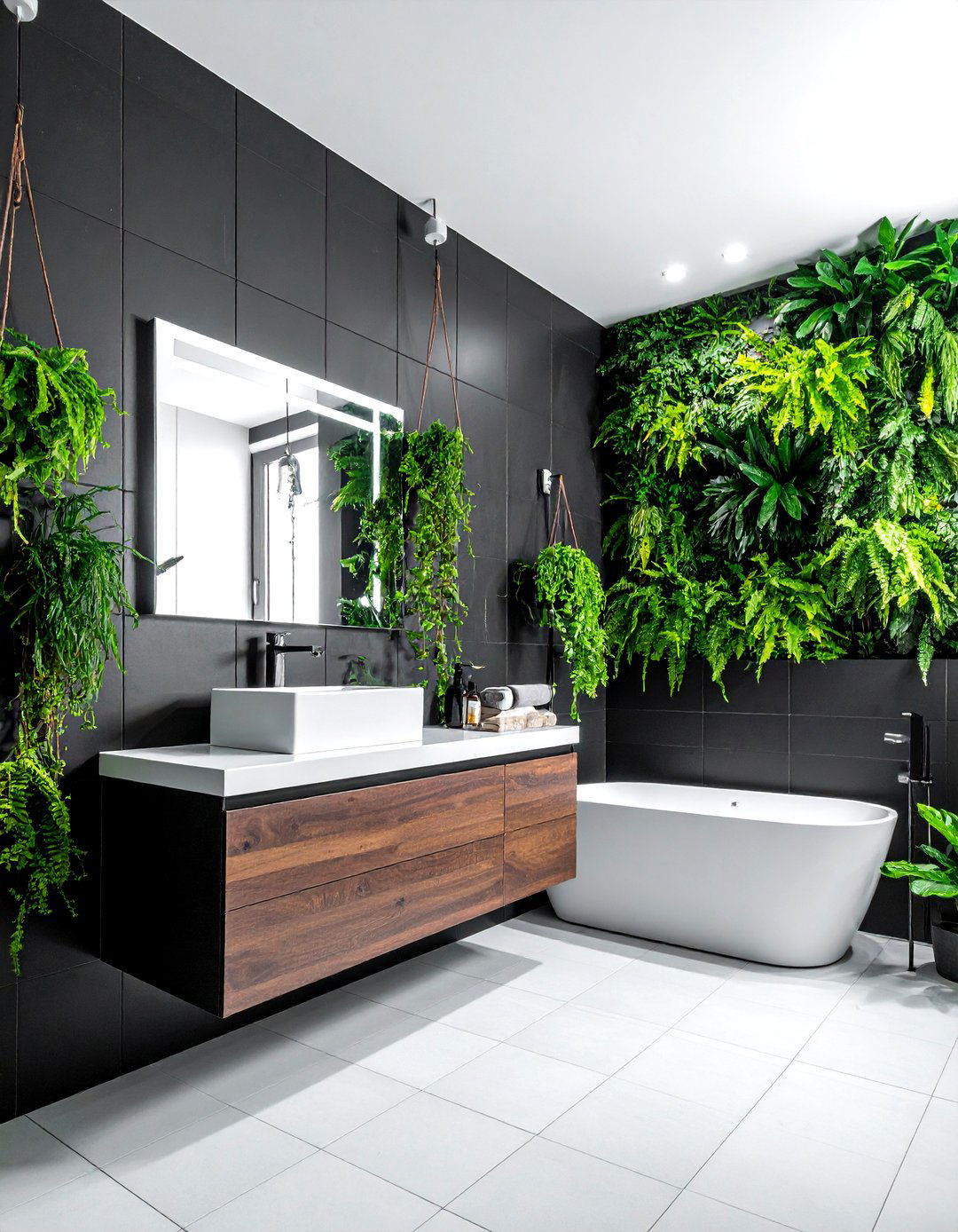 Black and green botanical bathroom - 30 black bathroom decor ideas