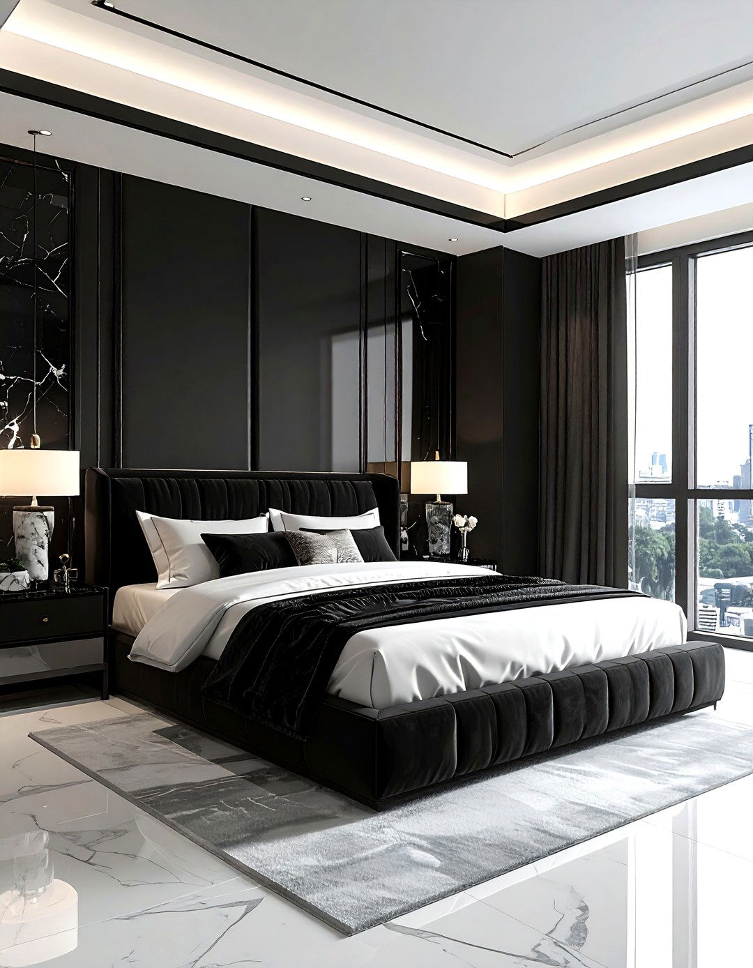 Black and marble bedroom - 30 black bedroom ideas