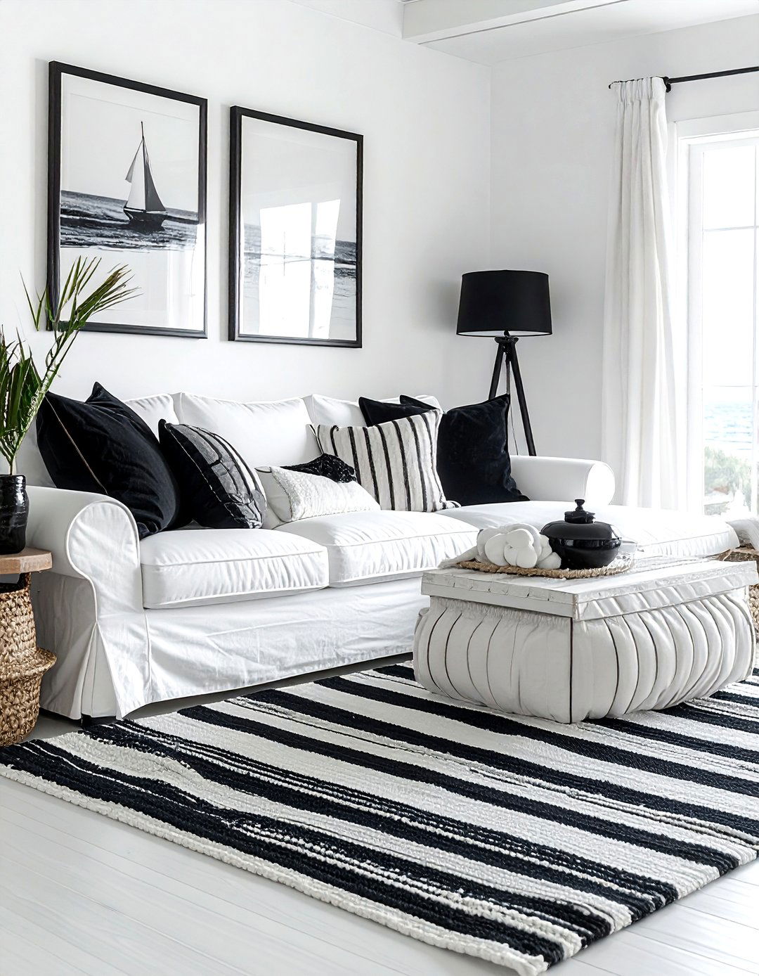 Black and white beach house living room - 30 coastal black living room ideas