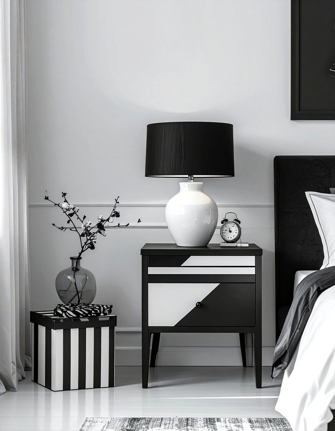 Black and white bedroom decor - 30 nightstand styling ideas