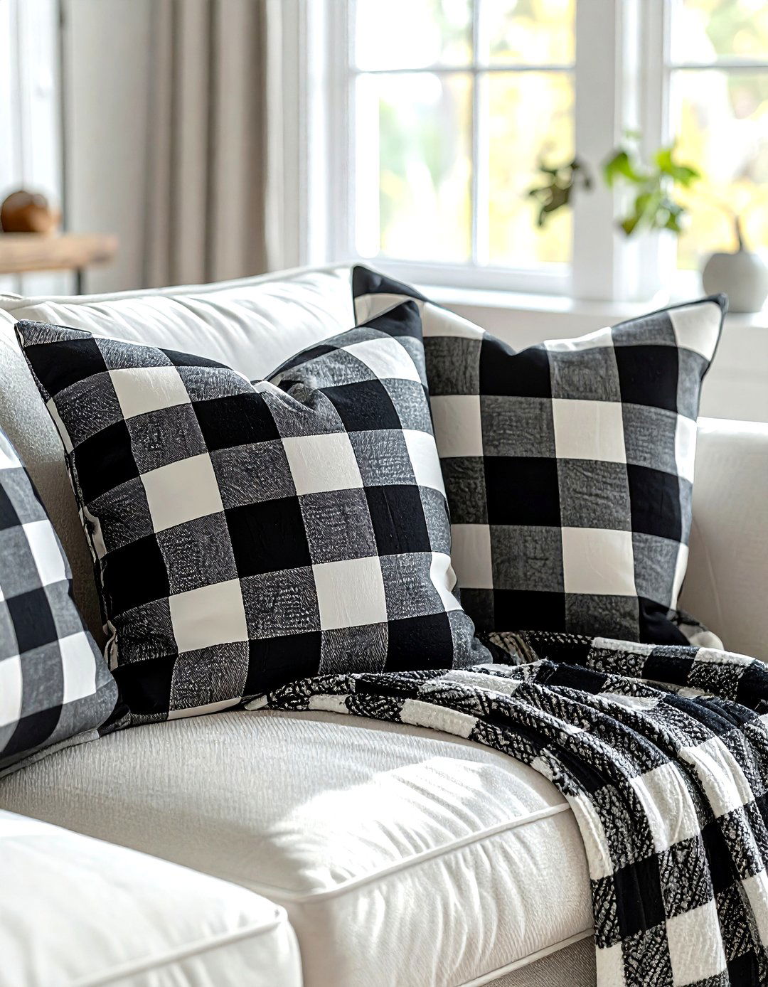 Black and white buffalo check decor - 30 farmhouse black living room ideas