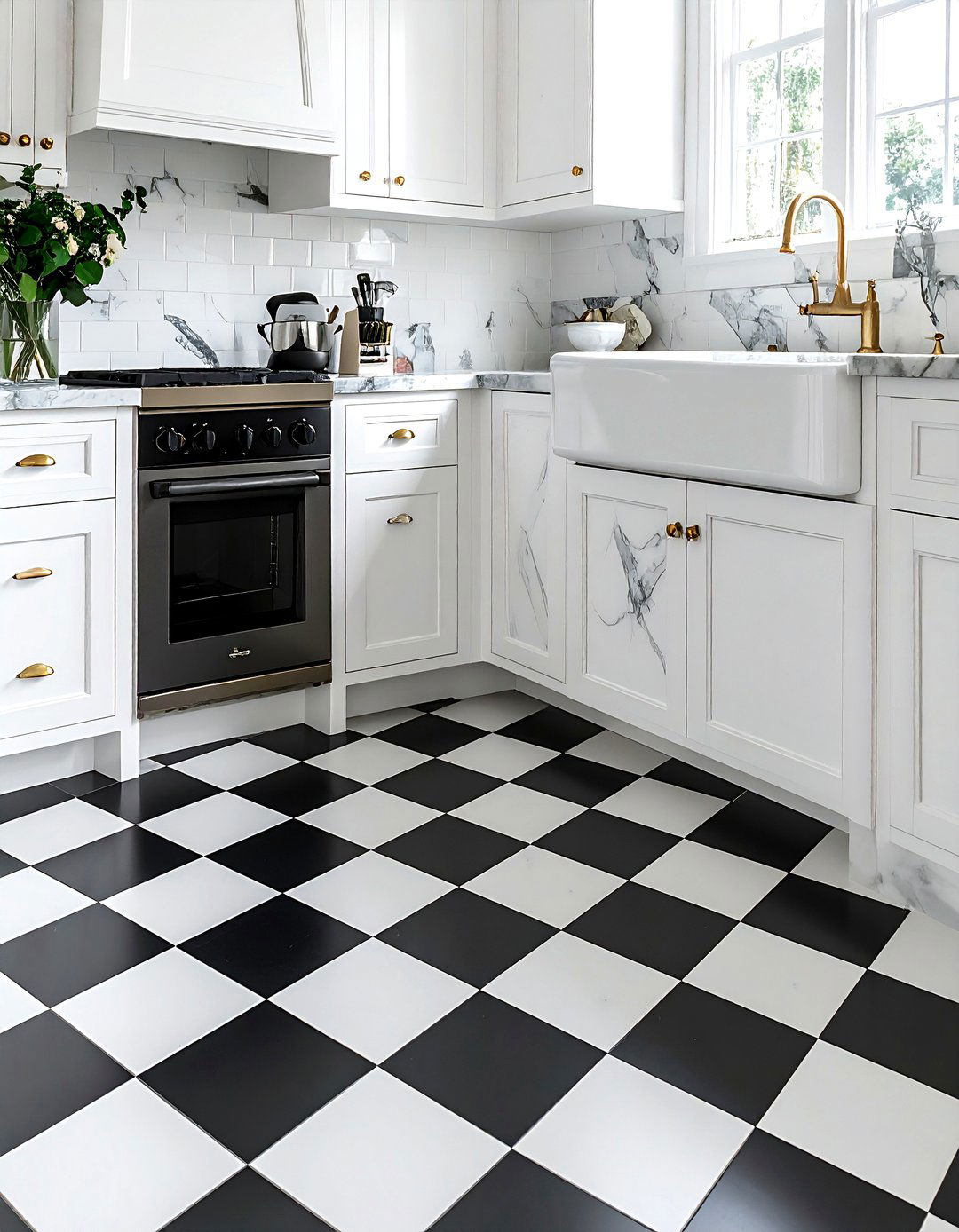 Black and white checkerboard floor - 30 patterned floor kitchen ideas