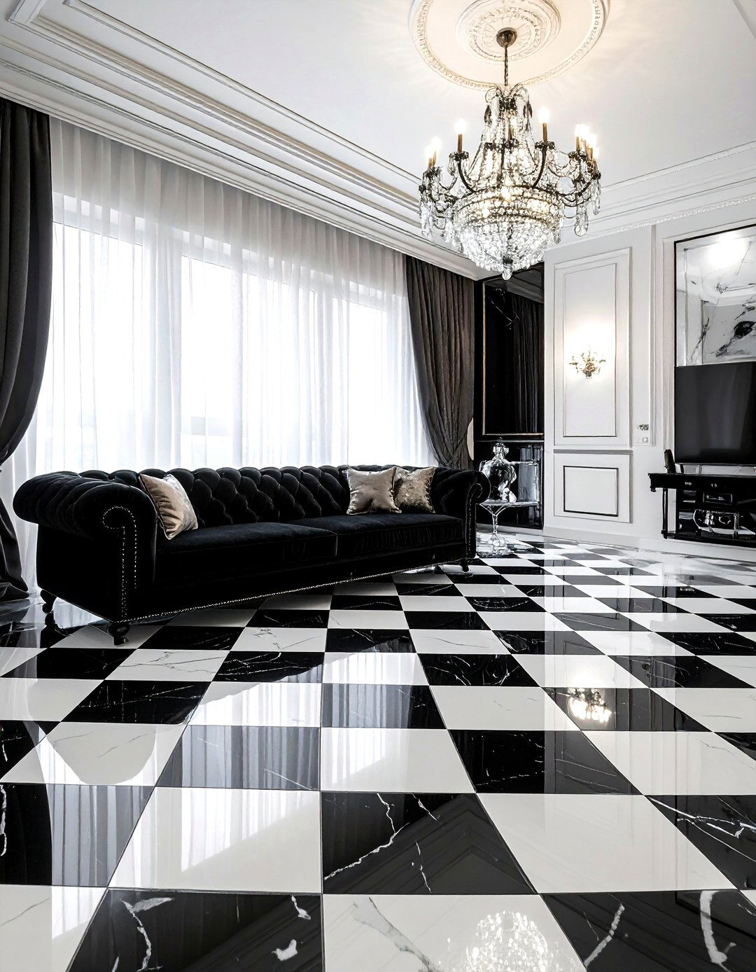 Black and white checkered tile - 30 living room tile ideas