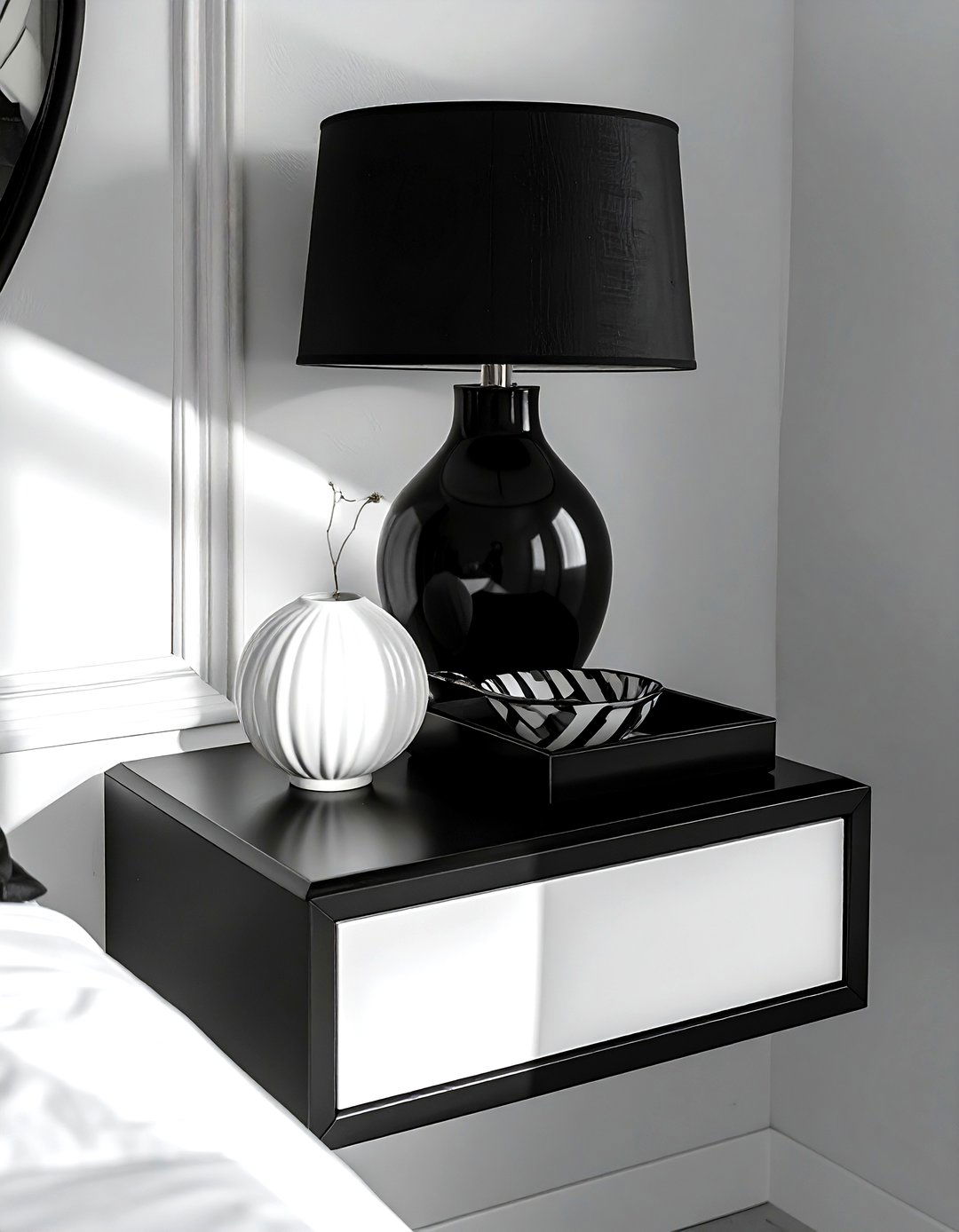 Black and white nightstand - 30 nightstand vignette ideas