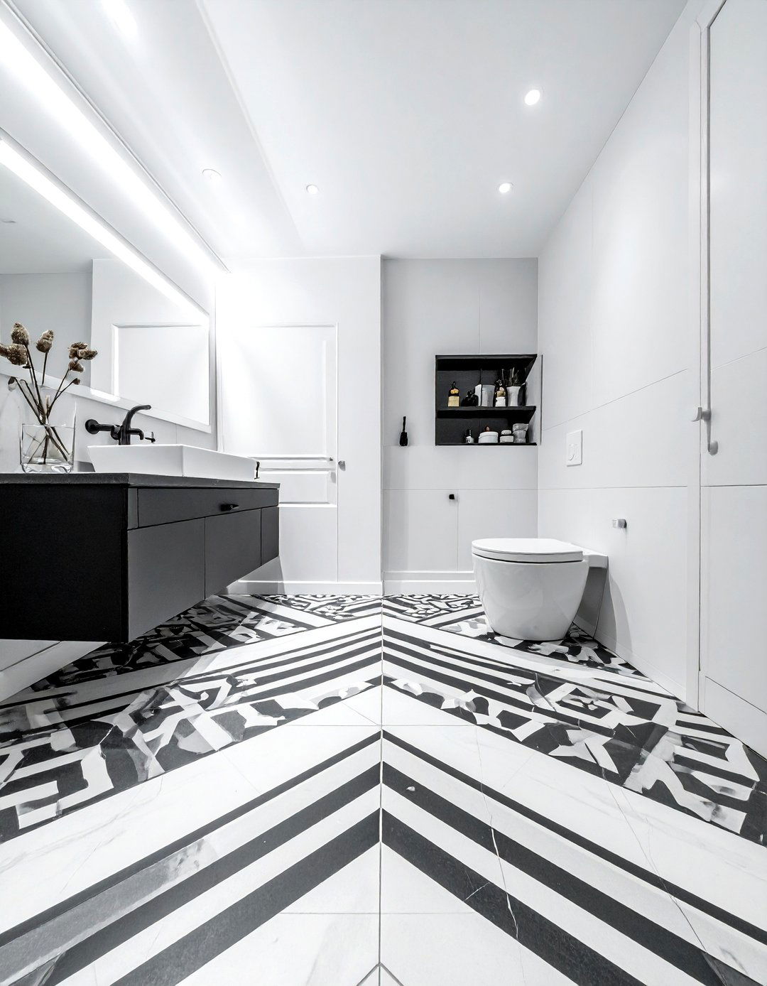 Black and white patterned floor - 30 black bathroom decor ideas