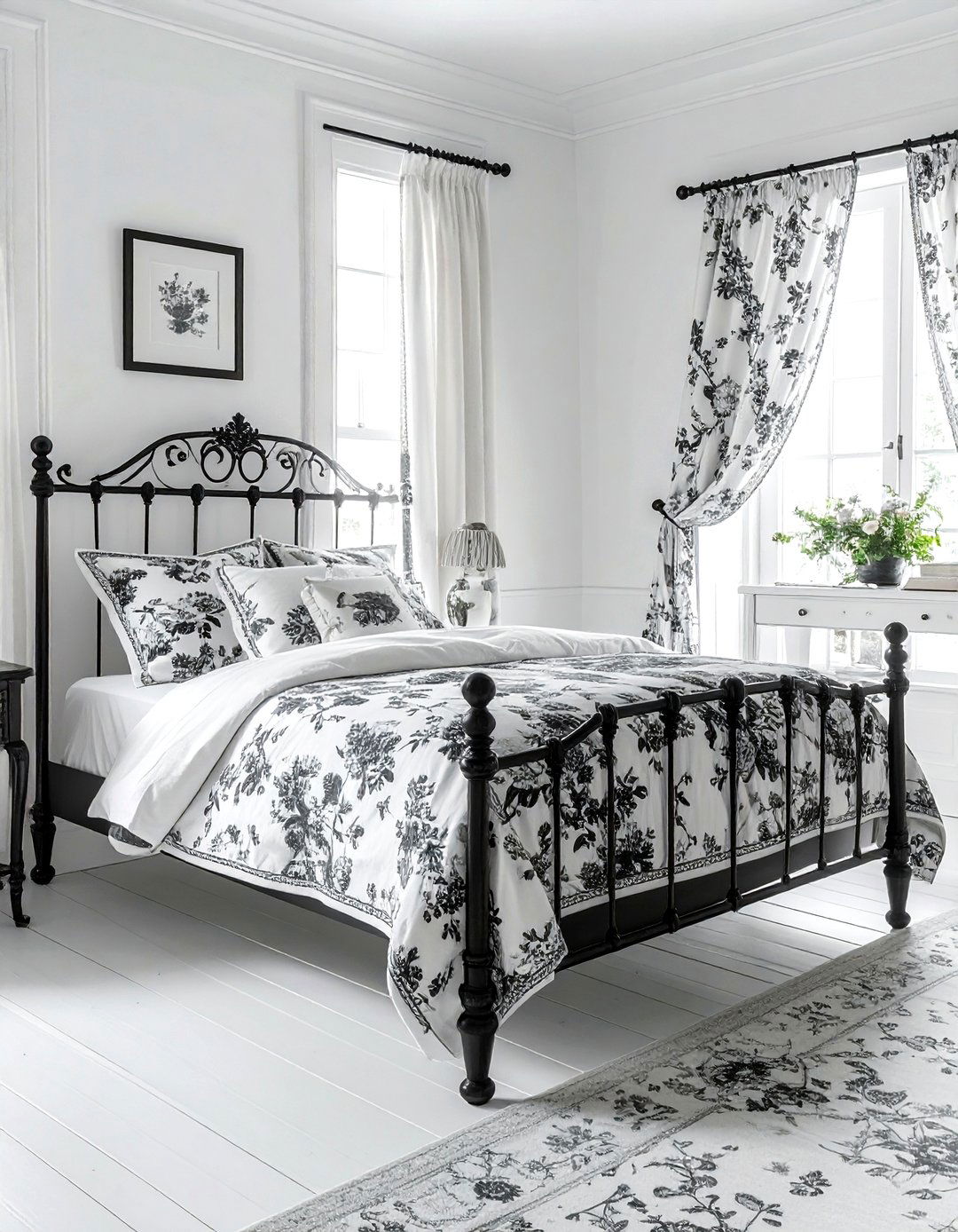 Black and white toile bedding - 30 traditional black bedroom ideas