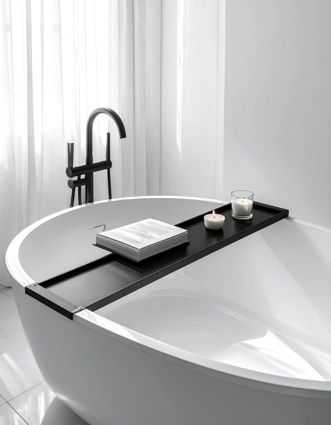 Black bathtub tray - 30 black bathroom accessories ideas