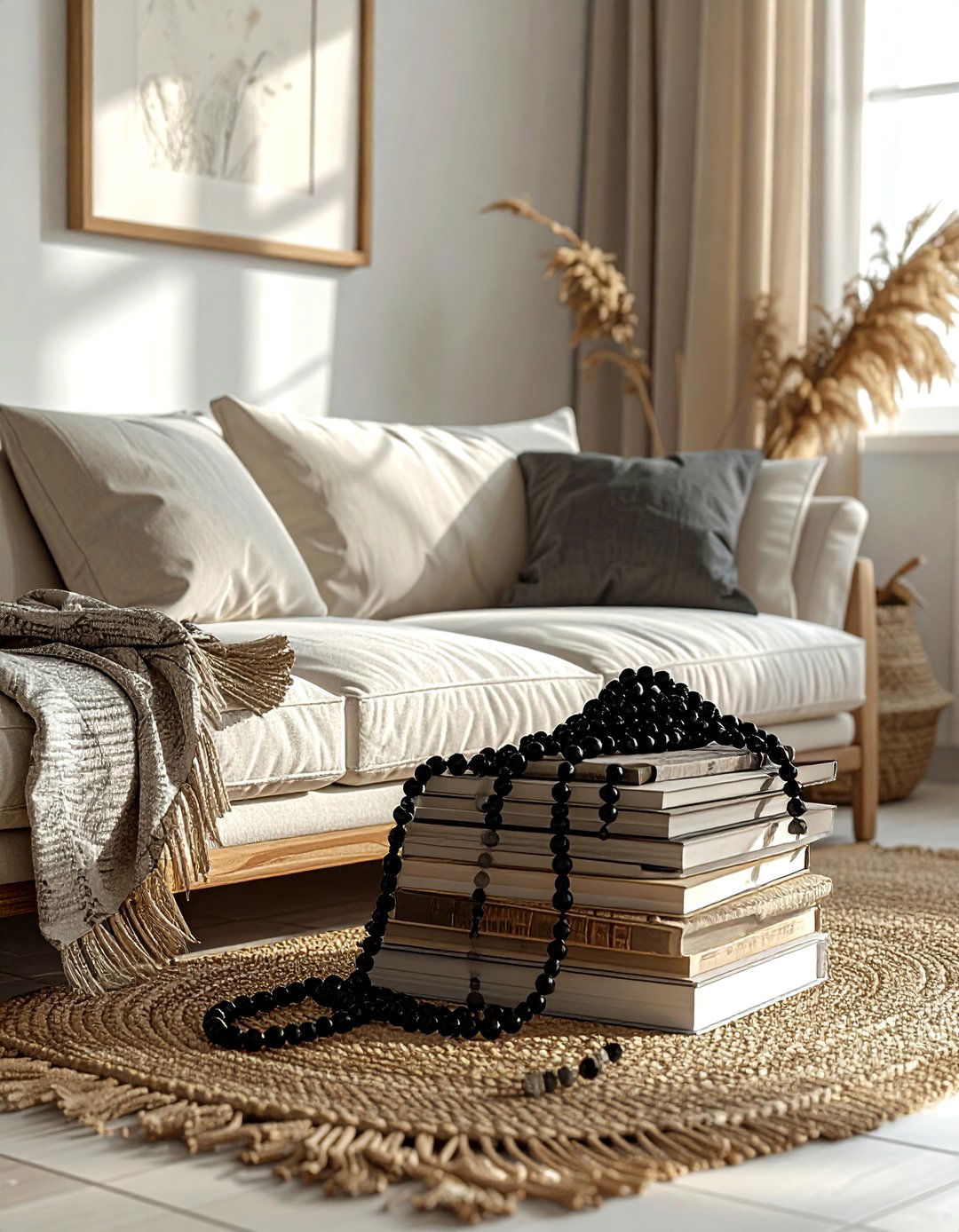 Black beaded garland - 30 black living room accessories ideas