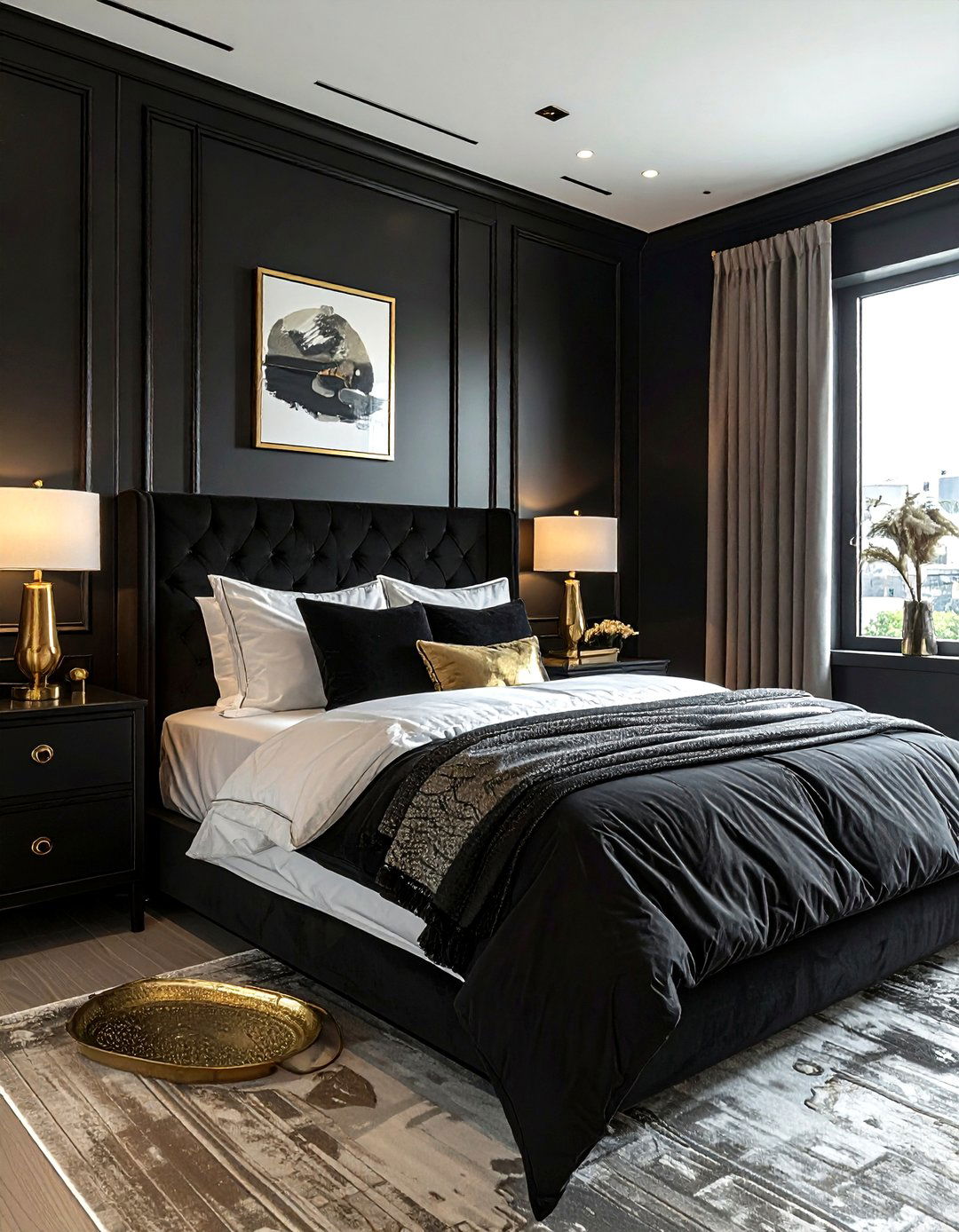Black bedroom with brass accents - 30 bohemian black bedroom ideas