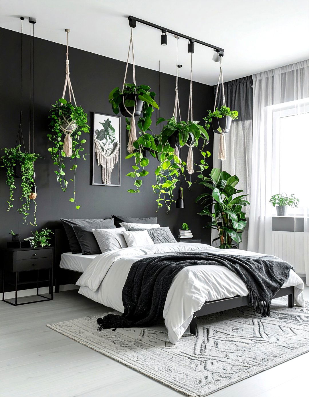 Black bedroom with hanging plants - 30 bohemian black bedroom ideas