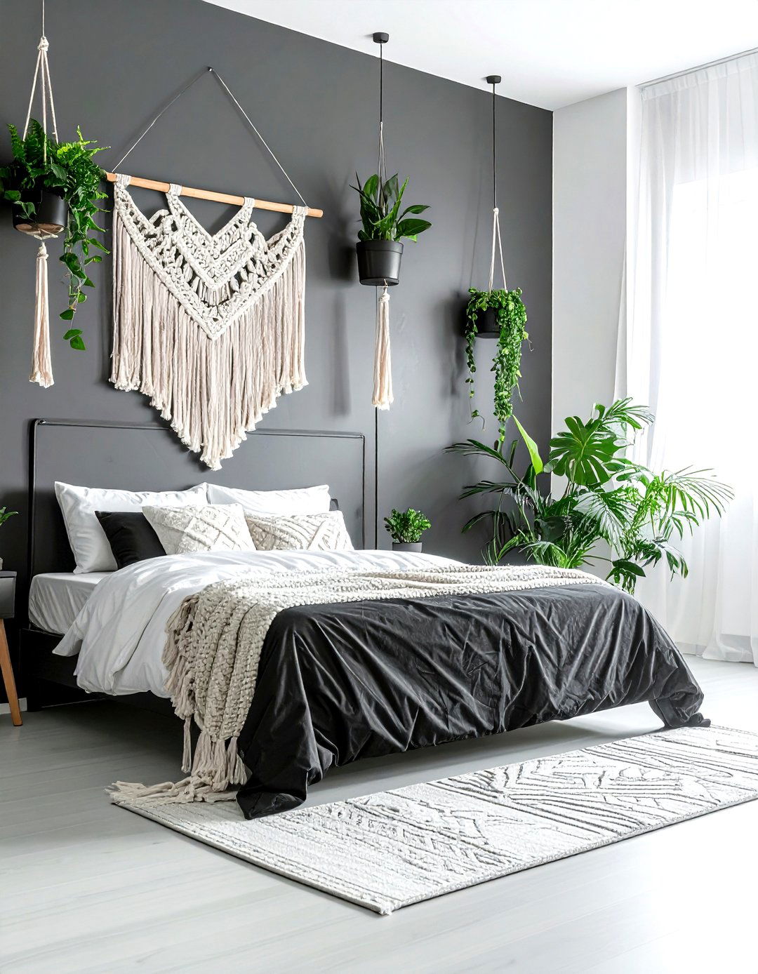 Black bedroom with macrame wall hanging - 30 bohemian black bedroom ideas