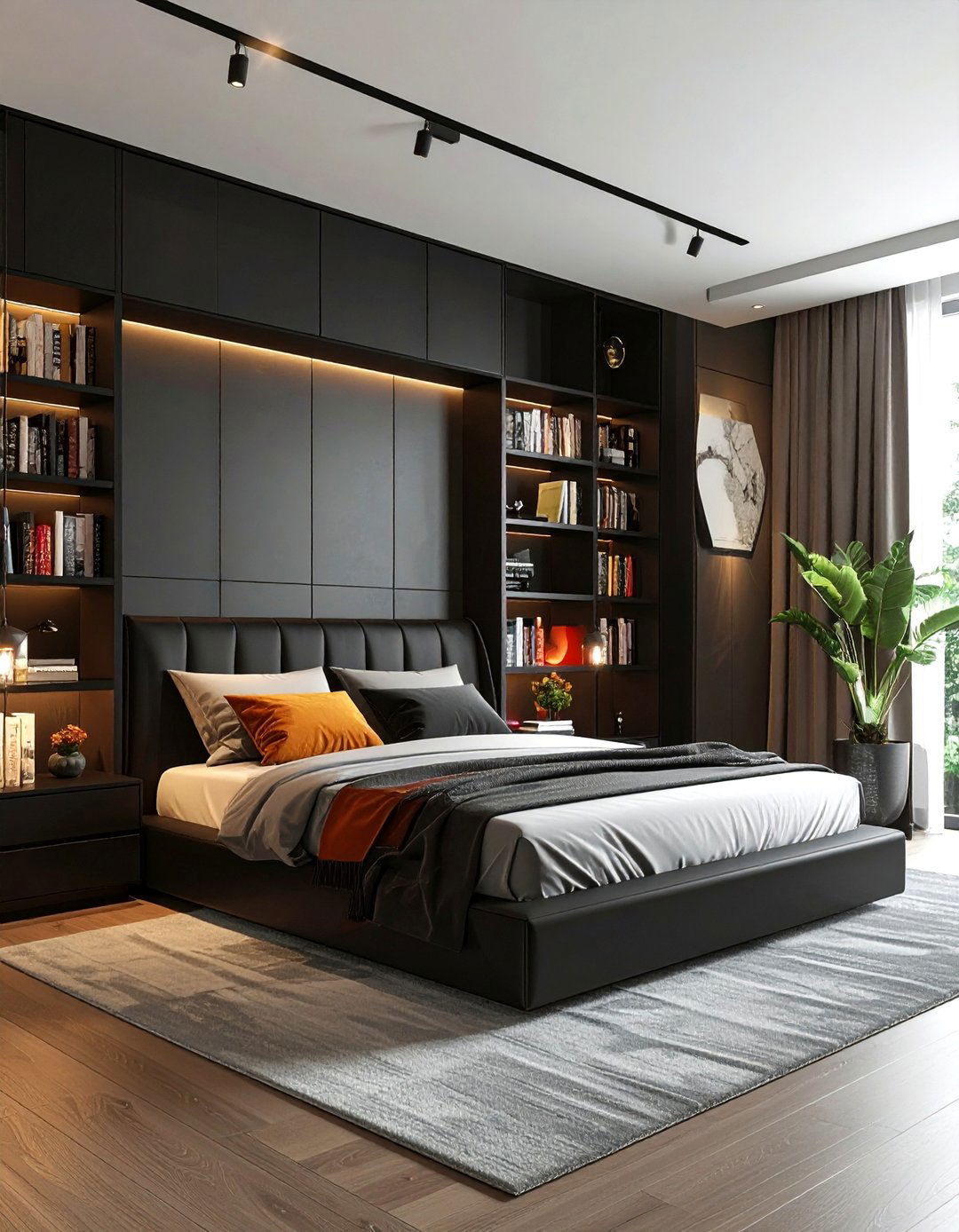 Black bookcase headboard bed - 30 black bedroom furniture ideas
