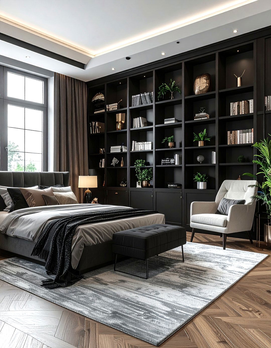 Black bookshelf wall unit - 30 black bedroom furniture ideas