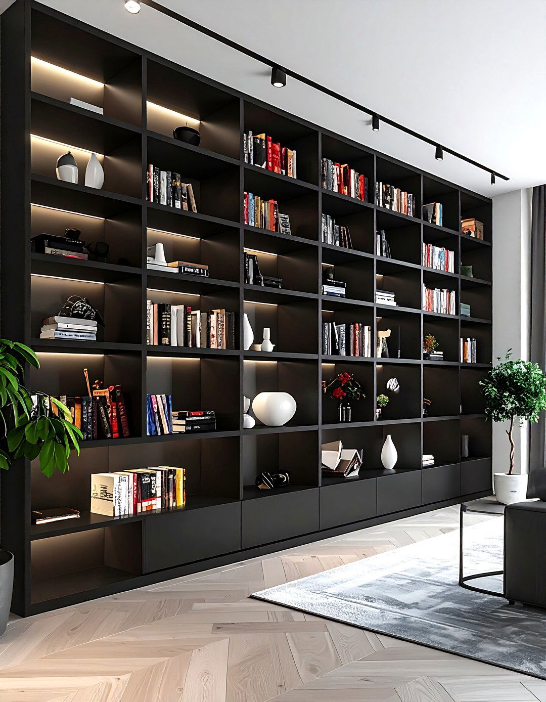 Black bookshelf wall - 30 black living room decor ideas