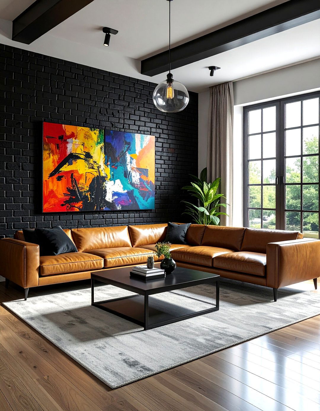 Black brick wall - 30 black living room decor ideas