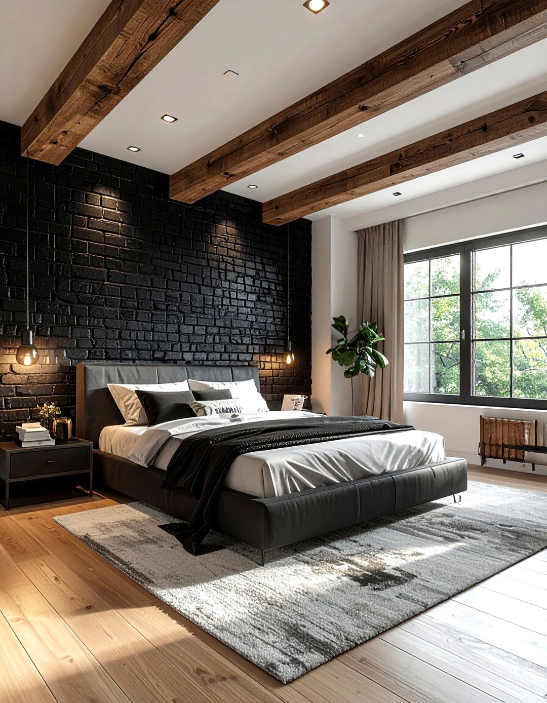 Black brick wall - 30 farmhouse black bedroom ideas