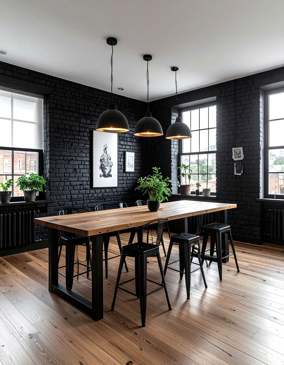 Black brick wall dining room - 30 black dining room decor ideas