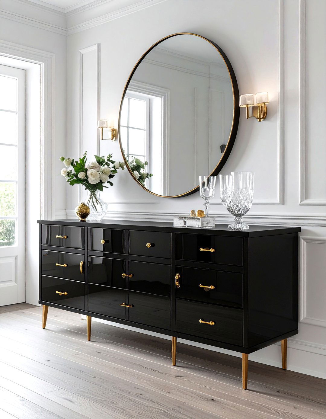 Black buffet cabinet with gold hardware - 30 black dining room furniture ideas