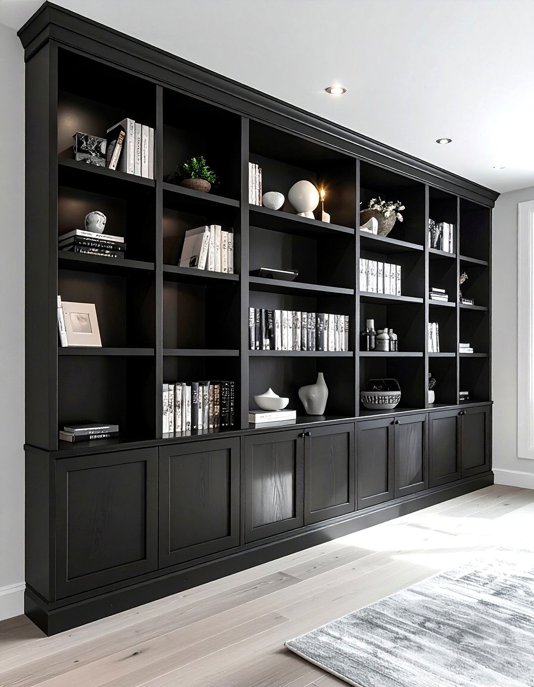 Black built in bookshelves - 30 farmhouse black living room ideas