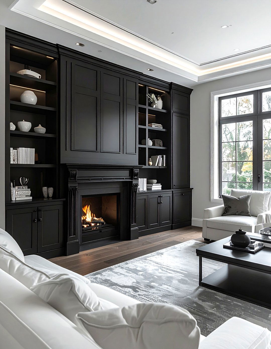 Black built in cabinets - 30 black living room decor ideas