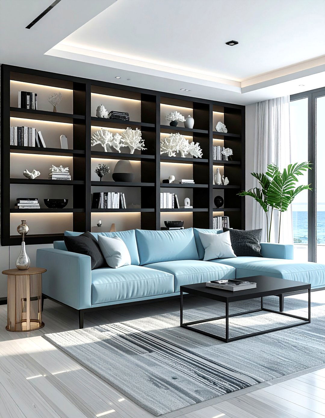 Black built in shelves coastal living room - 30 coastal black living room ideas