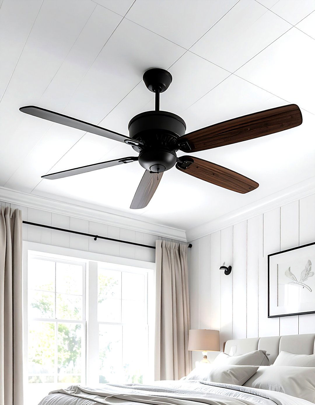 Black ceiling fan - 30 farmhouse black bedroom ideas