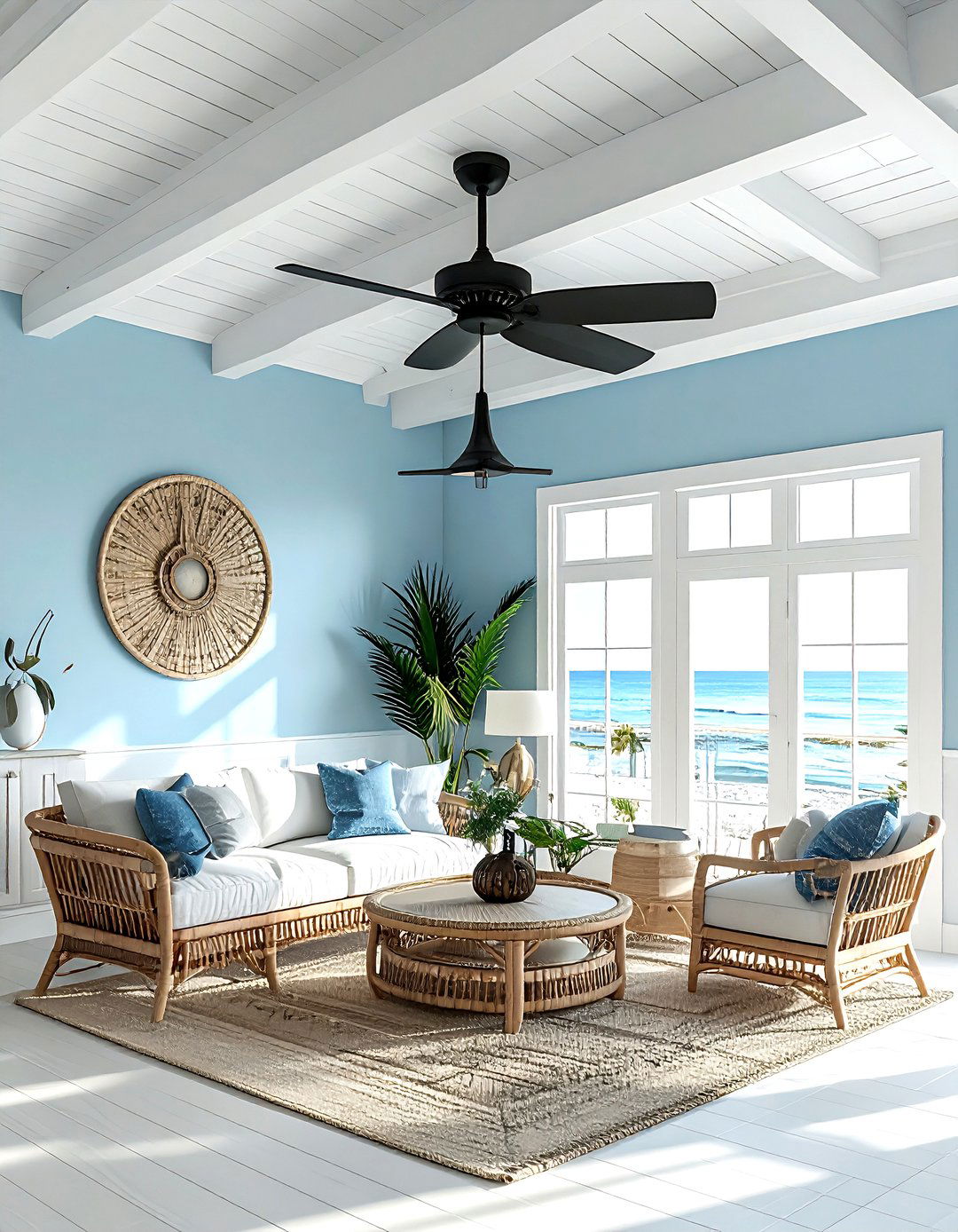 Black ceiling fans coastal living room - 30 coastal black living room ideas